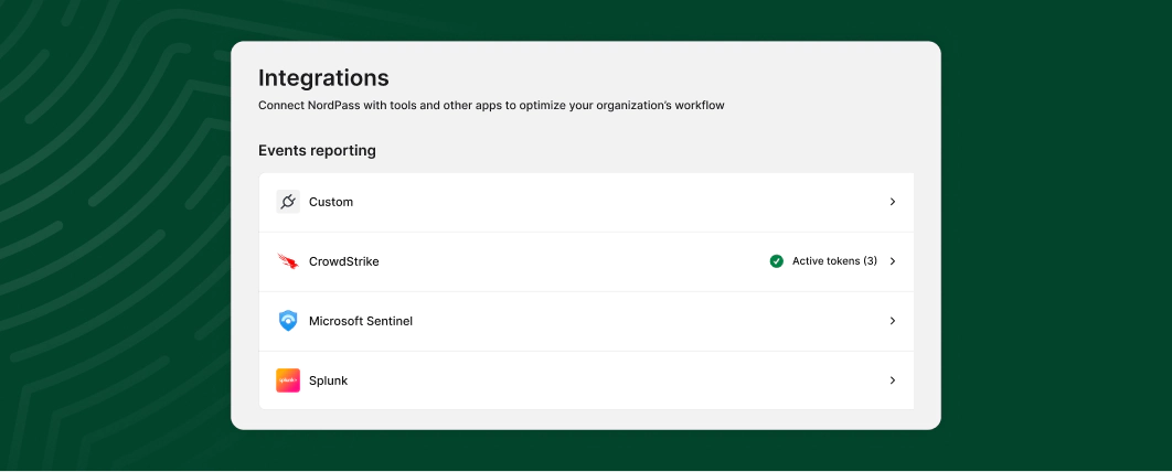 NordPass Admin Panel Integrations page, Events reporting section, listing Custom, CrowdStrike with Active tokens 3, Microsoft Sentinel and Splunk