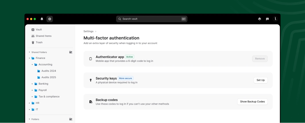 NordPass desktop settings page for Multi-factor authentication listing Authenticator app as Active, Security keys marked More secure with a Set Up button, and Backup codes