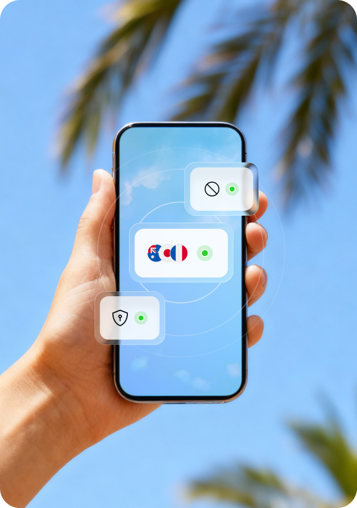 A phone screen showing esim.vn's global coverage and security features.