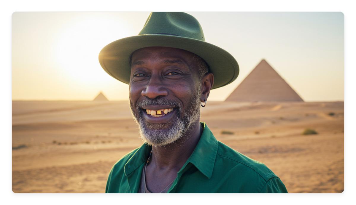Image of a man in a desert generated by VisualElectric according to the ChatGPT 4.1 prompt