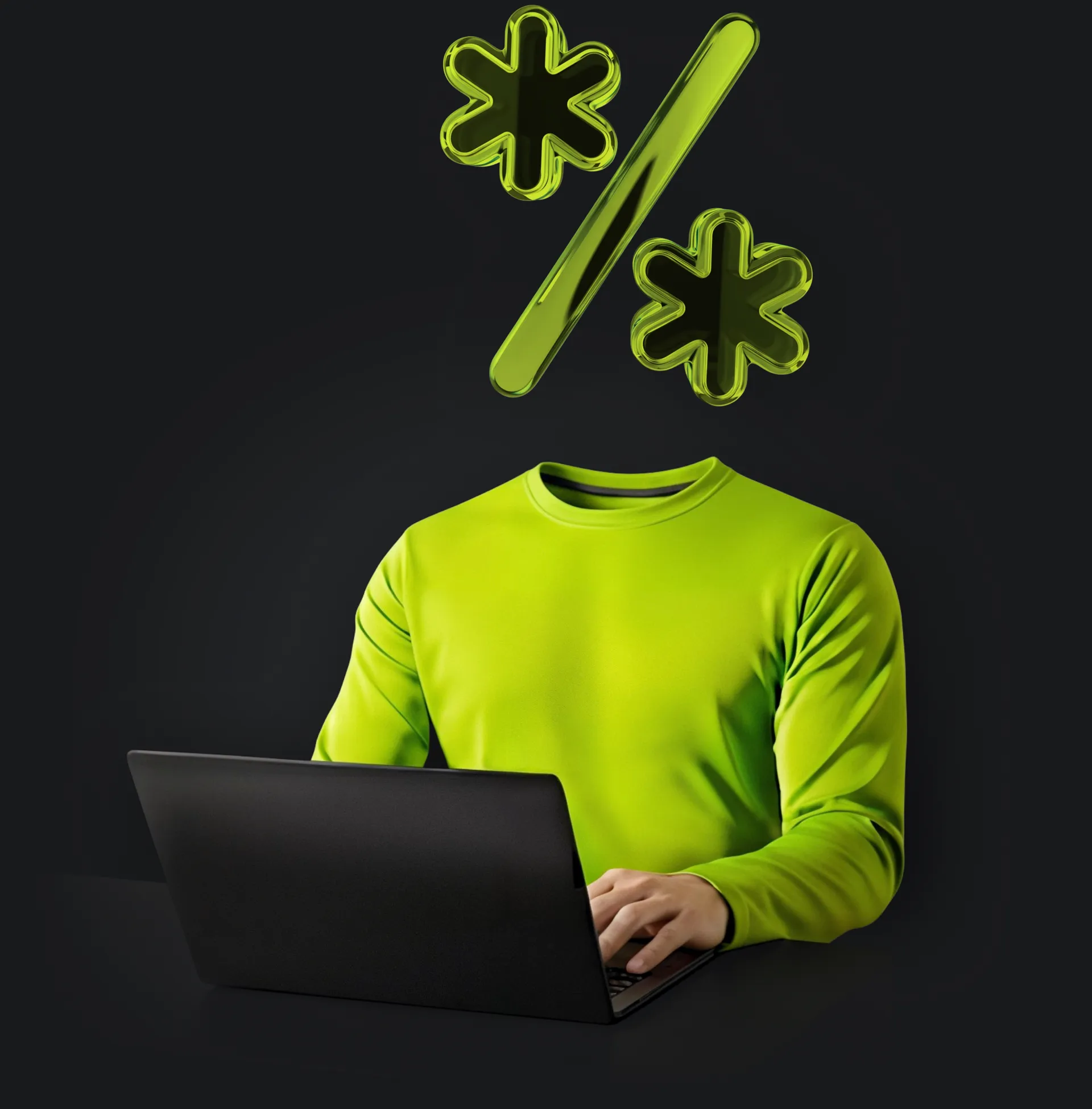 Person using laptop with floating discount symbol overhead