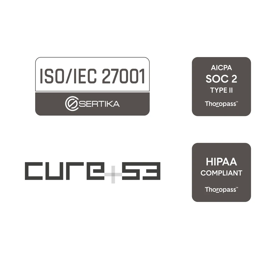 Compliance logos ISO, SOC2, Cure, Hipaa