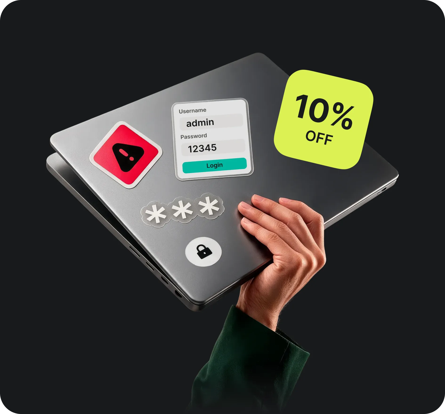 Hand, die einen Laptop mit Anmeldeoberfläche und einem Aktions-Tag für 10 % Rabatt hält