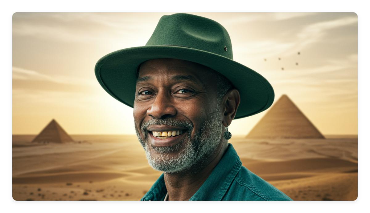 Image of a man in a desert generated by VisualElectric according to the Claude Sonnet 4 prompt