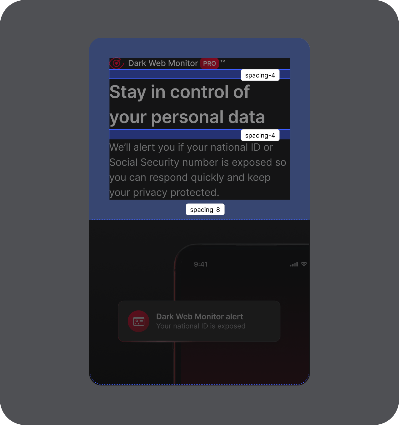 Product card annotated with Aurora spacing tokens