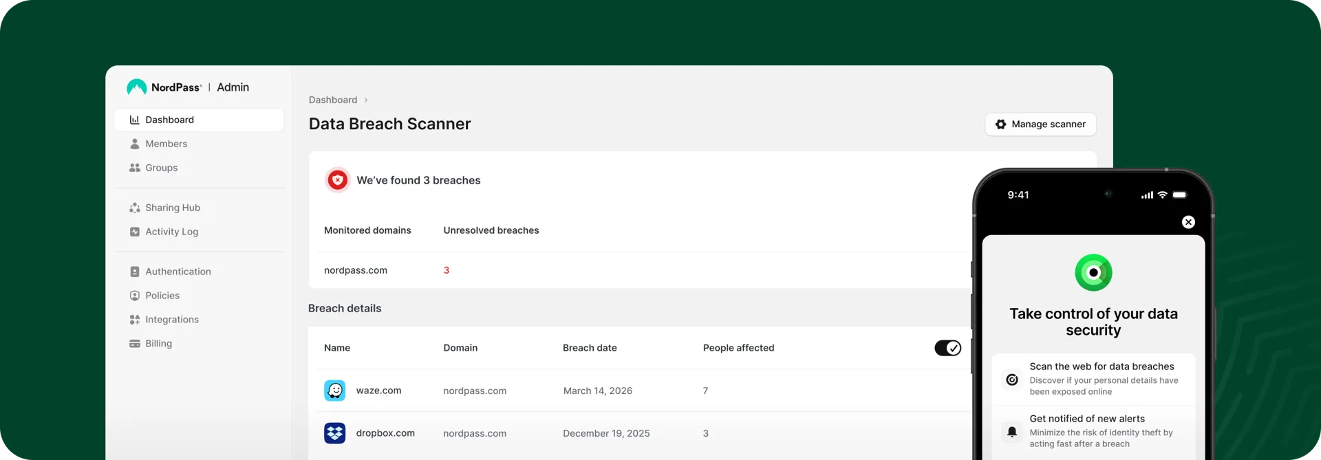 Data breach scanner dashboard view from admin panel