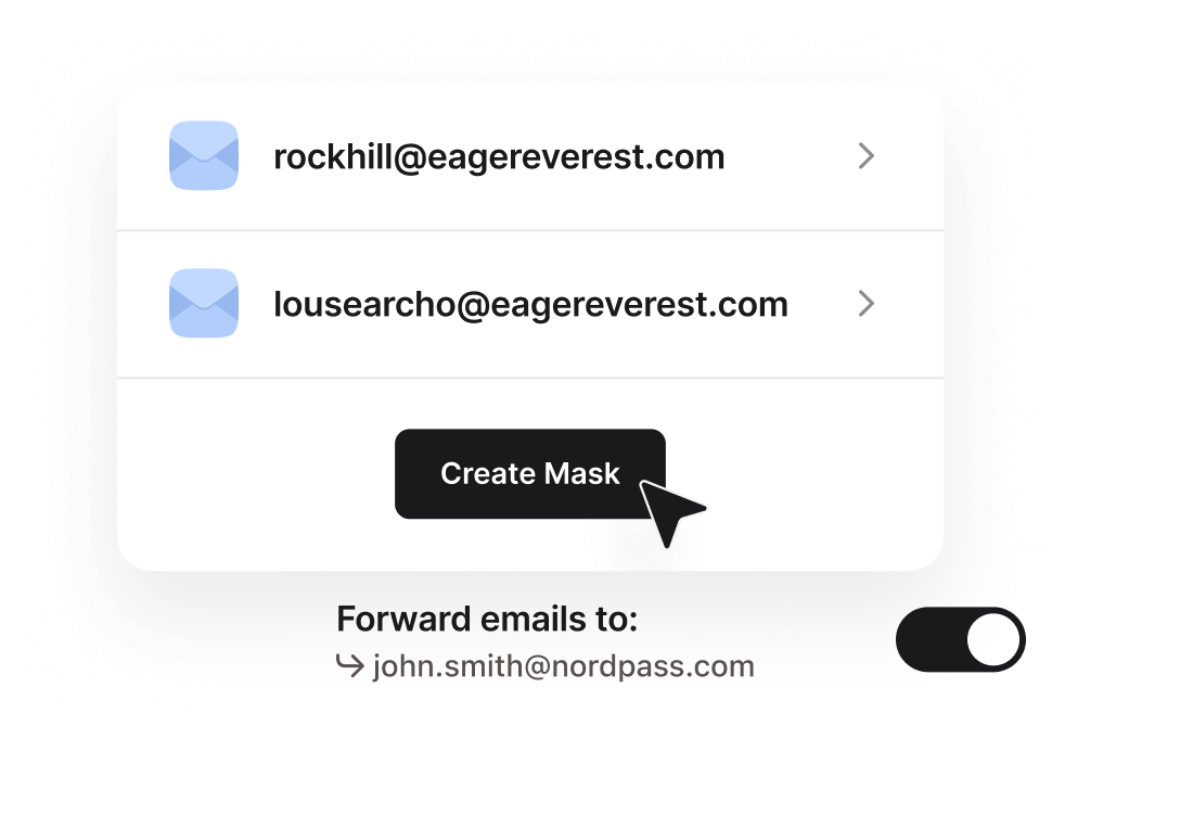 NordPass Email Masking illustration with two generated alias addresses, a Create Mask button and a Forward emails to toggle pointing to a real address