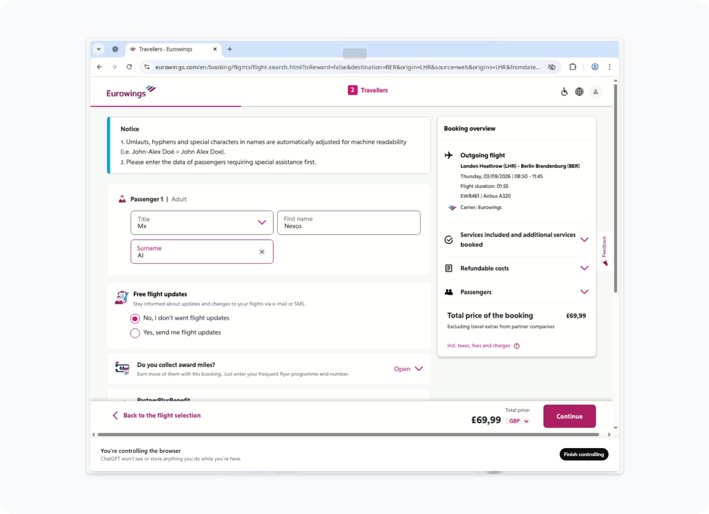 ChatGPT Plus Agent buying the cheapest London to Berlin flight in September 2026