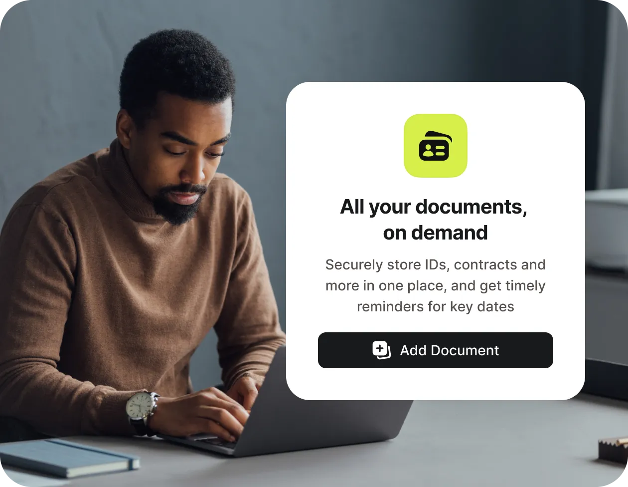 Secure document hub for storing IDs and contracts with on-demand access from any device