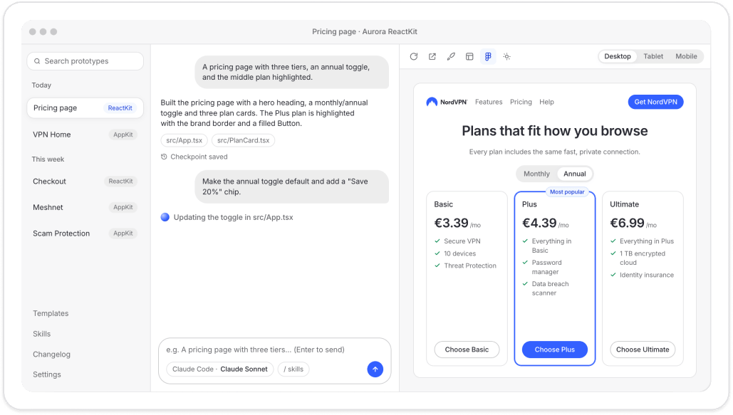Aurora Riff prototyping a NordVPN pricing page from a plain-language prompt