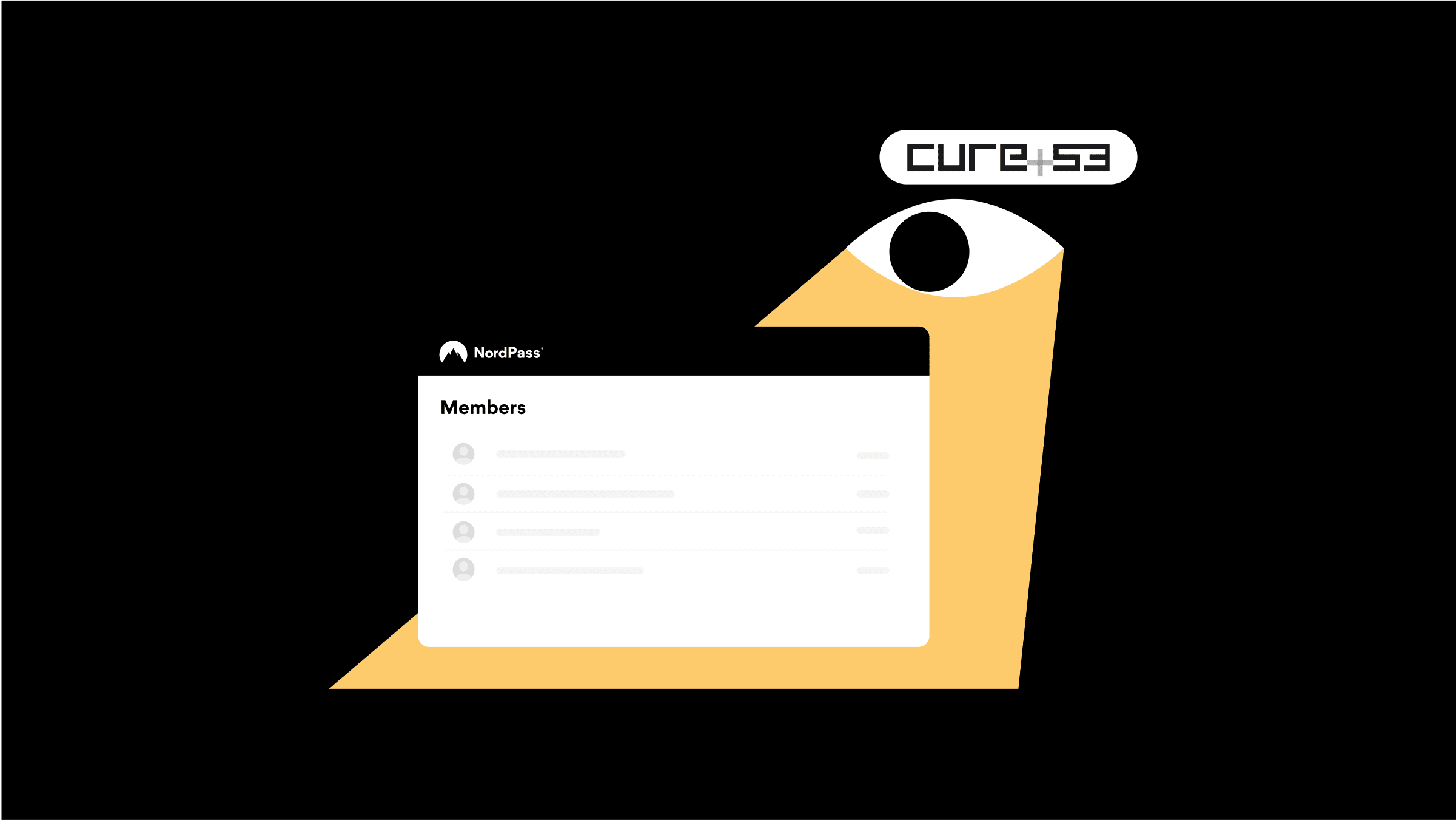 NordPass blog illustration for the Cure53 audit of NordPass Business: the Cure53 logo above a large eye looking at a NordPass Members panel