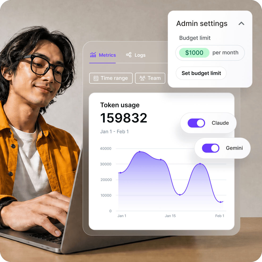 Man using the nexos.ai AI gateway dashboard to monitor token usage, model access, and budget limits on his laptop.