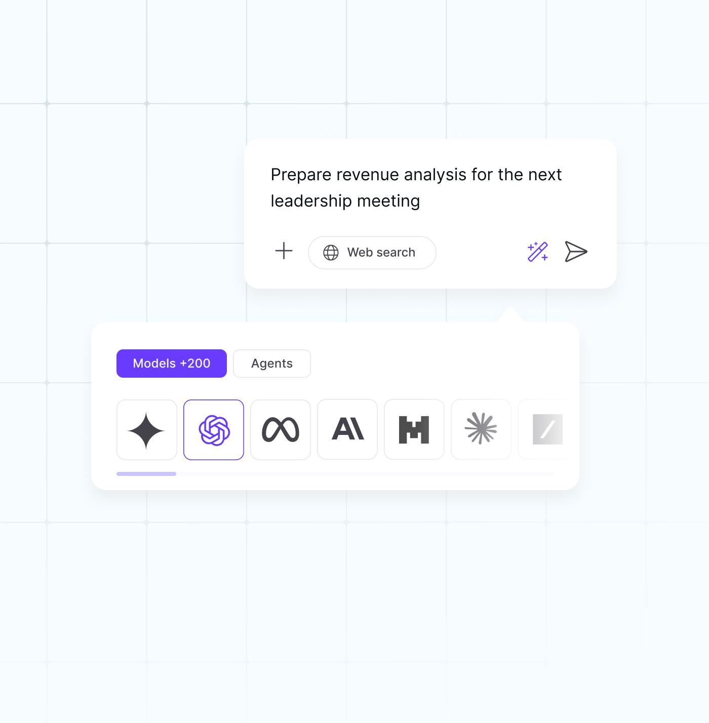 nexos.ai AI Workspace interface showing a chat prompt, web search, and a model selector with 200+ AI models including ChatGPT, Claude, Gemini, and Meta.