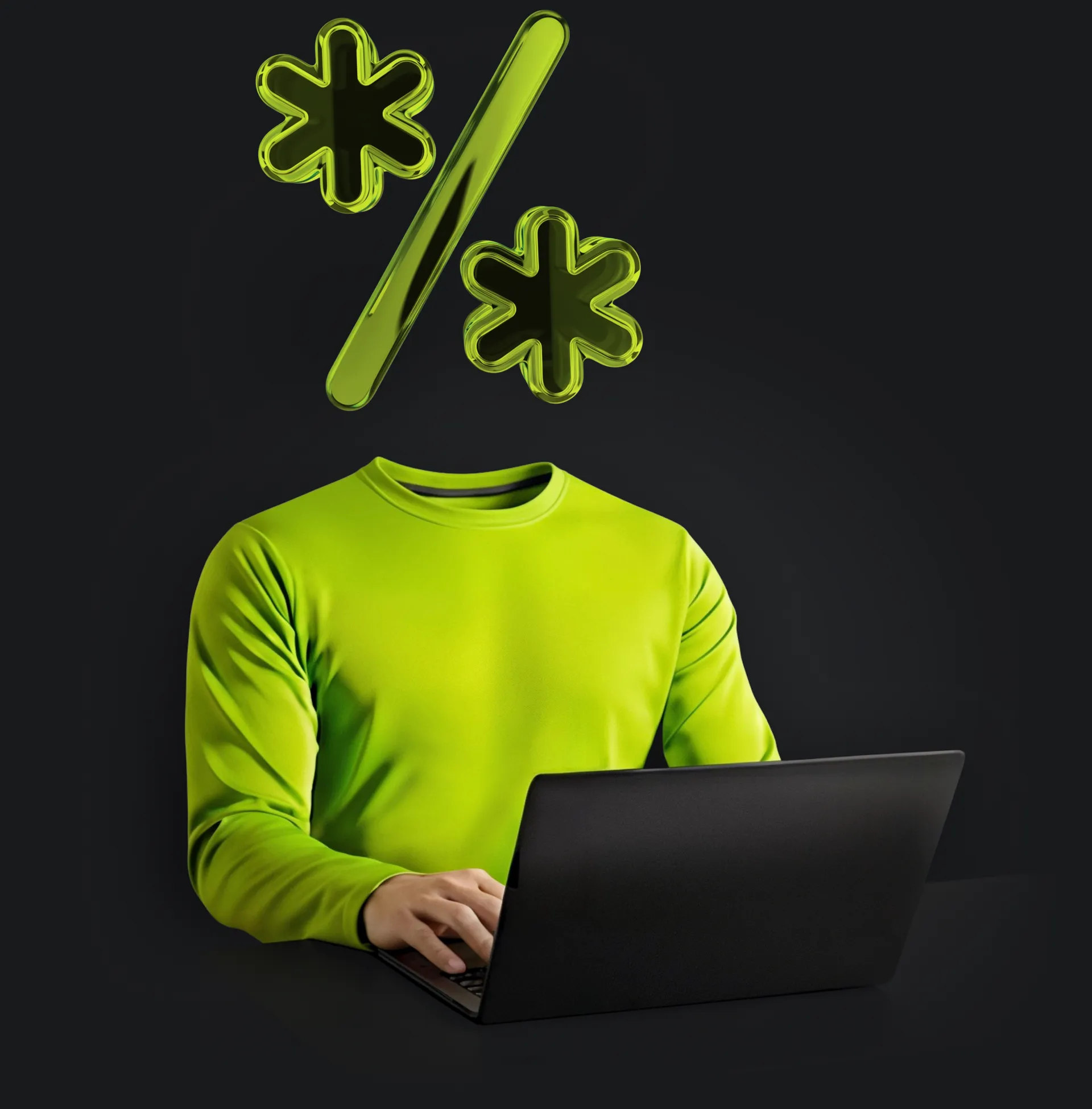 Person using laptop with floating discount symbol overhead