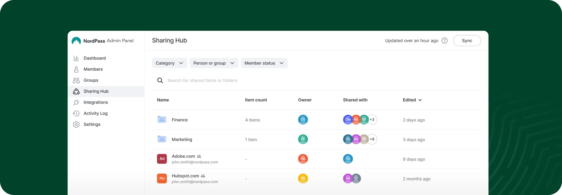 nordpass admin panel sharing hub feature