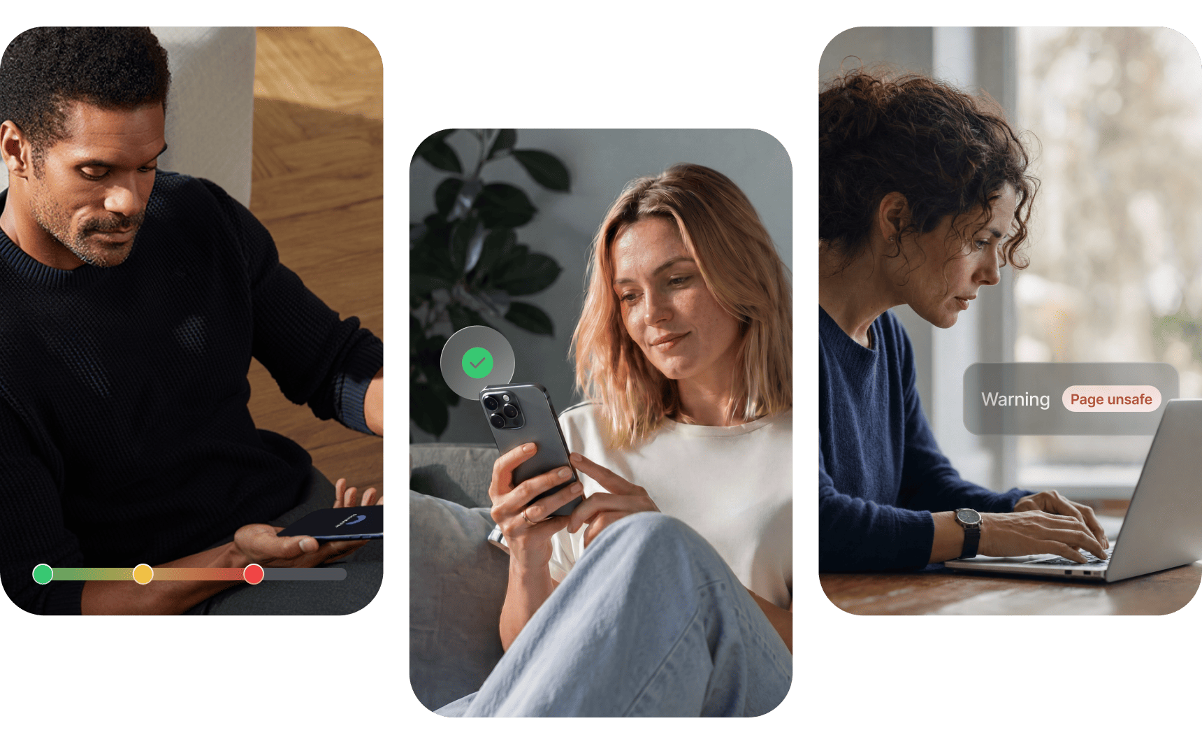 Three participants using NordVPN on a phone and a laptop, with a threat meter, a safe-connection check and a “Page unsafe” warning