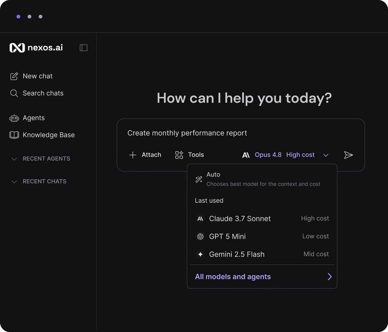 The nexos.ai workspace, with a new chat open and the model picker listing Claude, GPT and Gemini