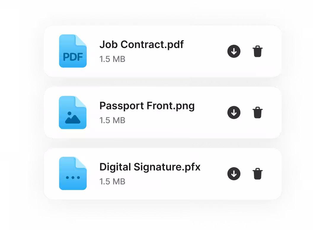 Upload any file type to your document vault, featuring Job Contract, Passport, or Digital Signature
