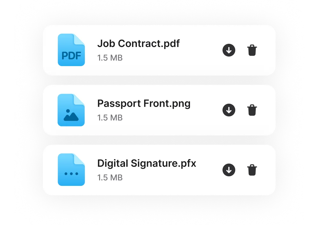 Upload any file type to your document vault, featuring Job Contract, Passport, or Digital Signature