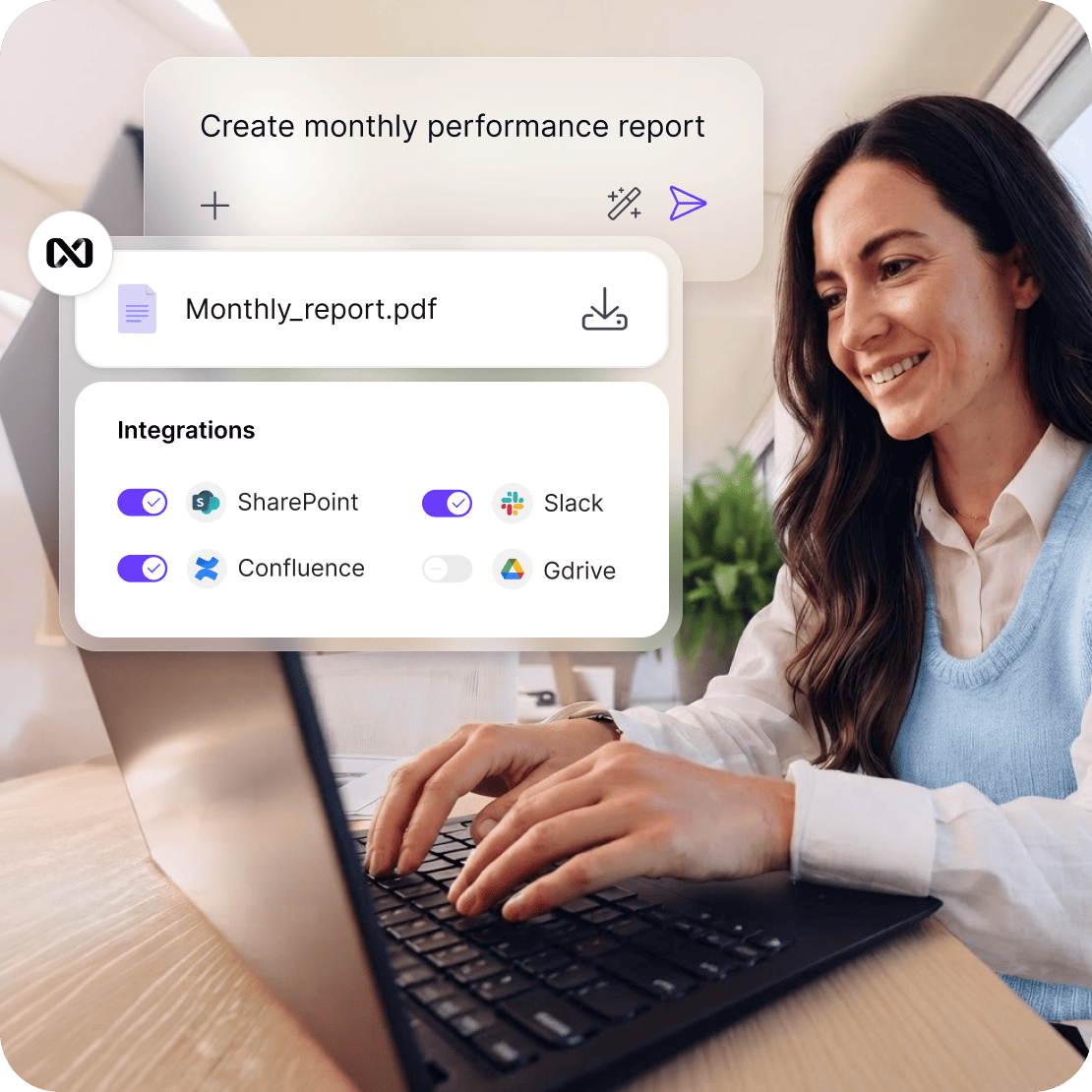 nexos.ai Workspace interface showing a team performance report with active integrations