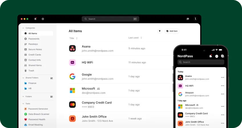 Interface du Gestionnaire de mot de passe NordPass affichant les identifiants de connexion enregistrés sur un ordinateur de bureau et sur des appareils mobiles