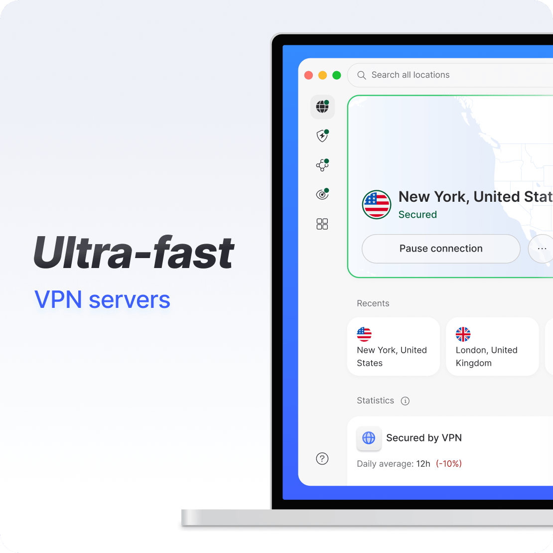 NordVPN marketing image of the desktop app on a laptop: a search box for locations, a card showing New York, United States, Secured with a Pause connection button, recent locations New York and London, and a statistics card reading Secured by VPN, daily average 12h