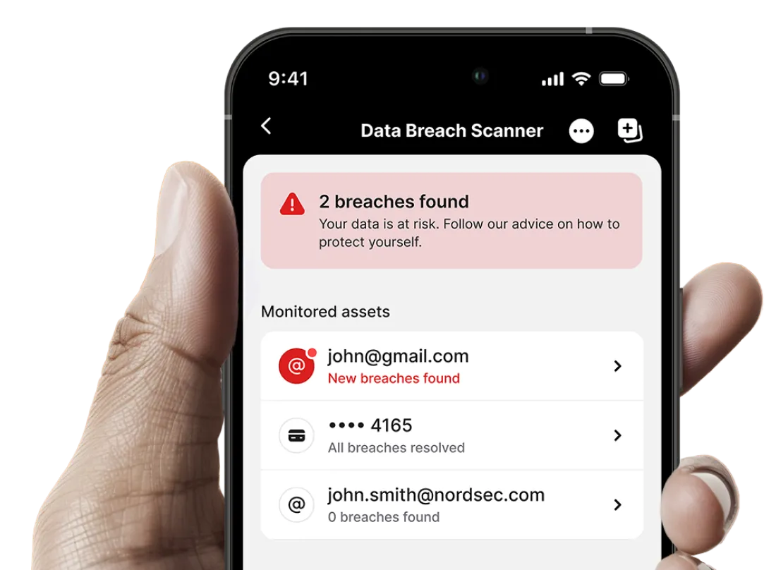NordPass data breach scanner dashboard on mobile showing monitored assets and breaches found