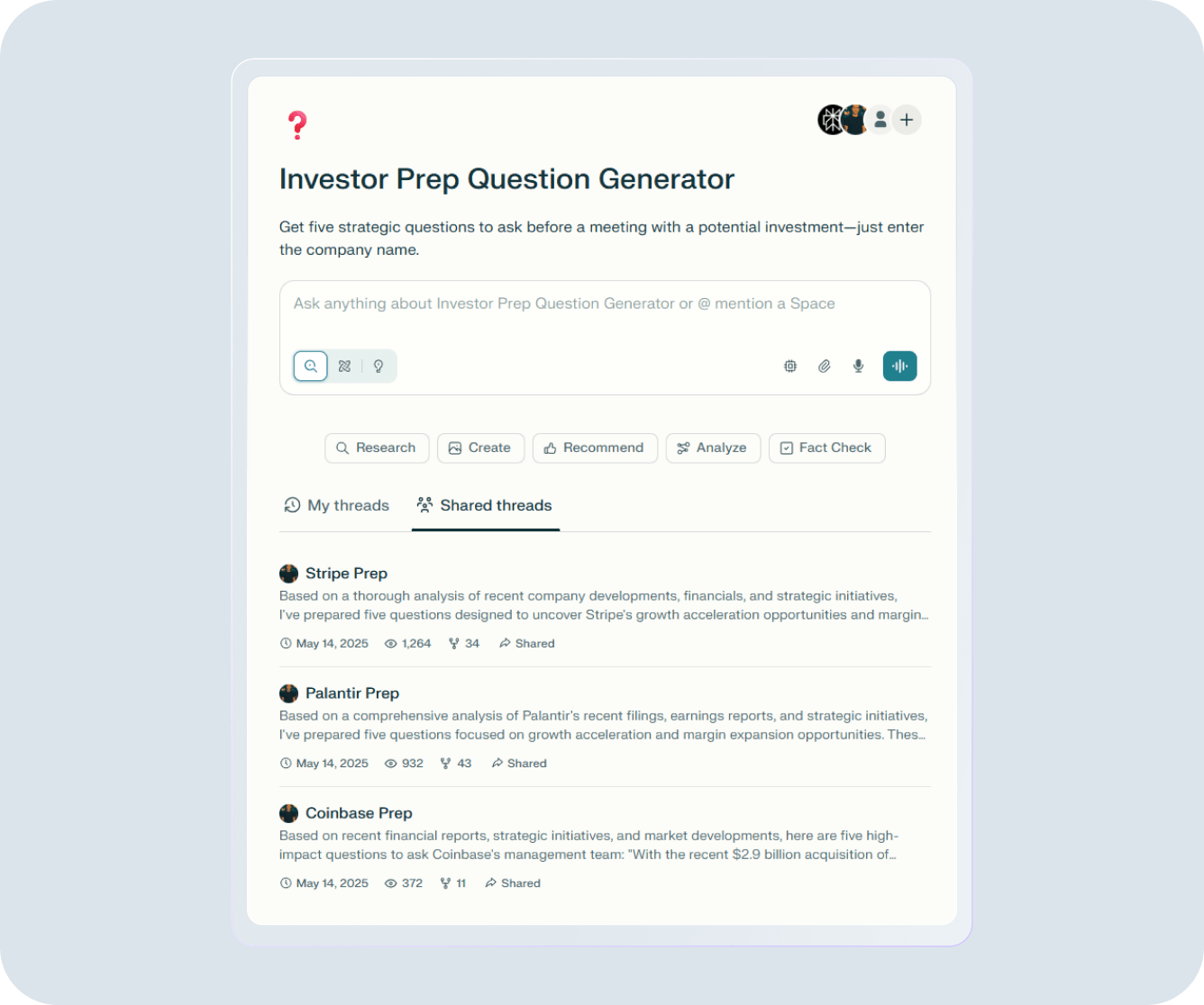 Perplexity Enterprise Pro Spaces template Investor Prep Question Generator Shared threads