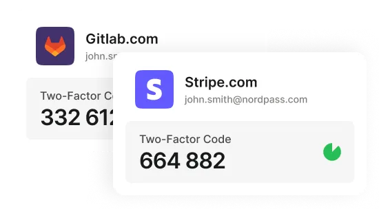 Two-factor authentication codes: GitLab 332 612, Stripe 664 882