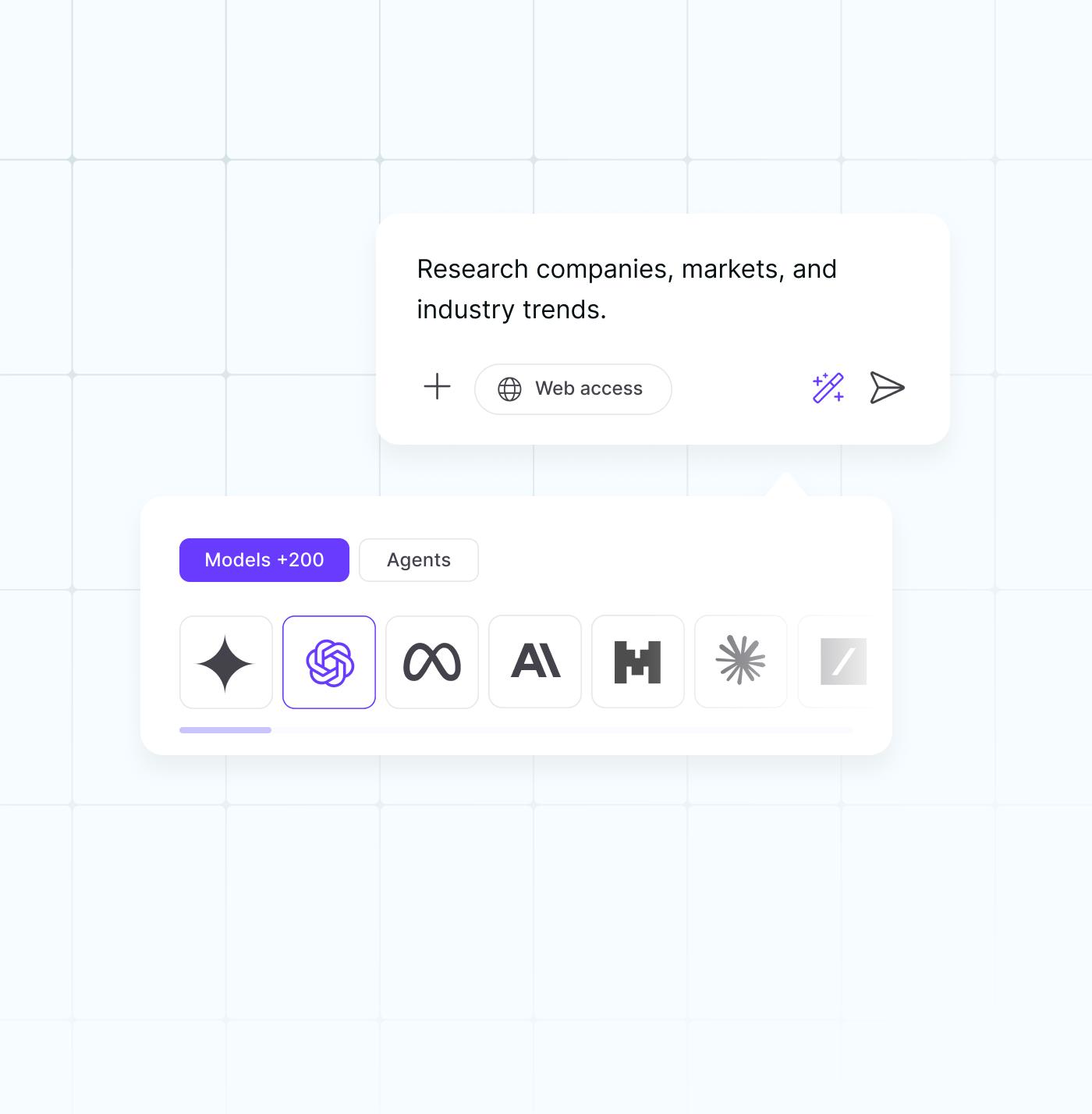 nexos.ai AI Workspace interface showing a chat prompt, web search, and a model selector with 200+ AI models including ChatGPT, Claude, Gemini, and Meta.