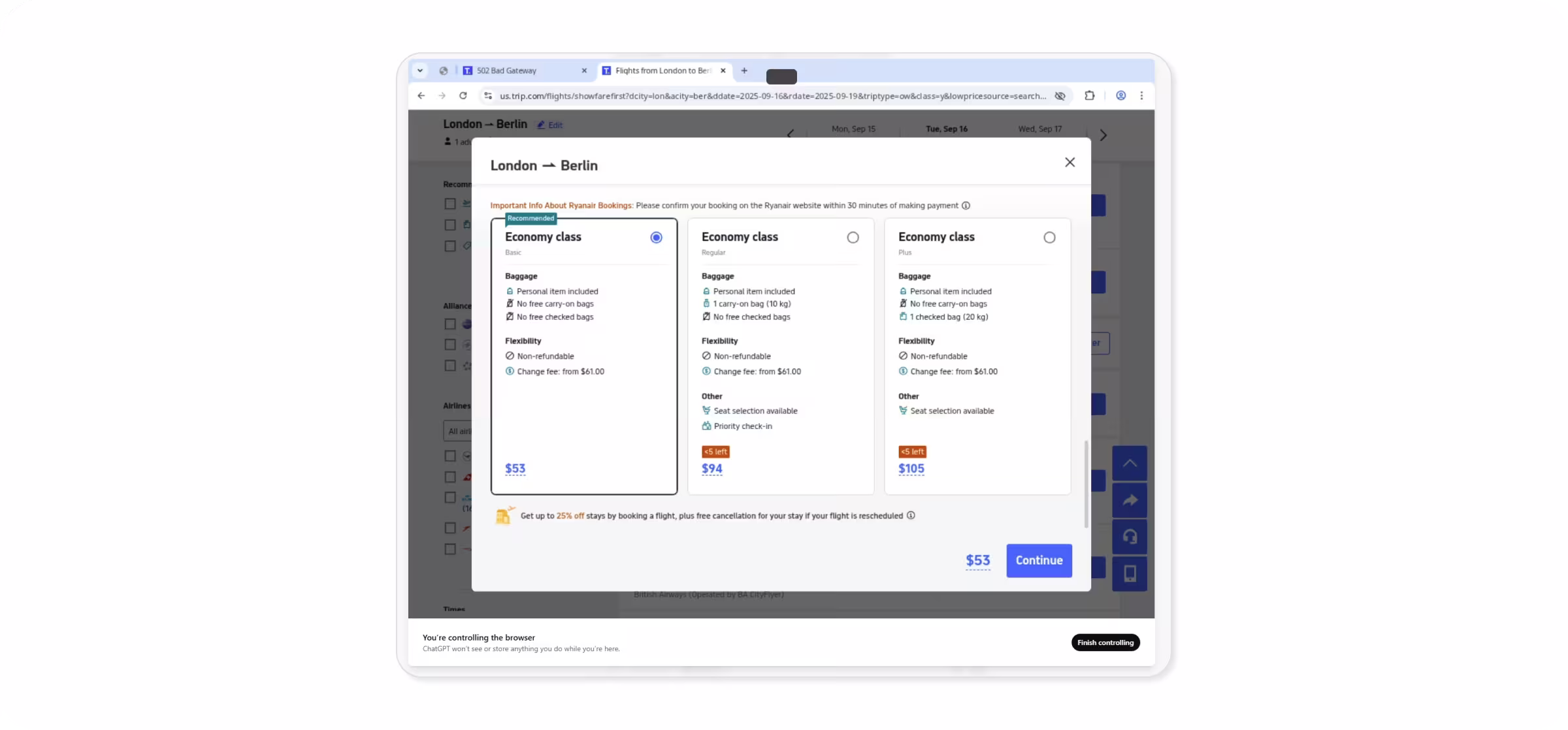 ChatGPT Plus Agent buying the cheapest London to Berlin flight in September