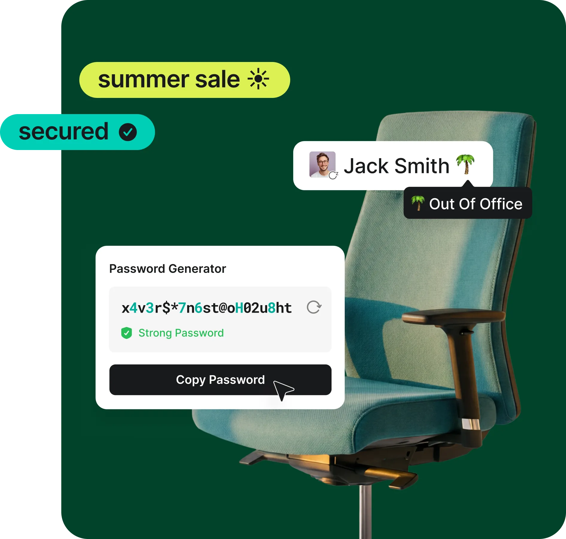 Password generator tool displaying strong password with summer sale badge and user status