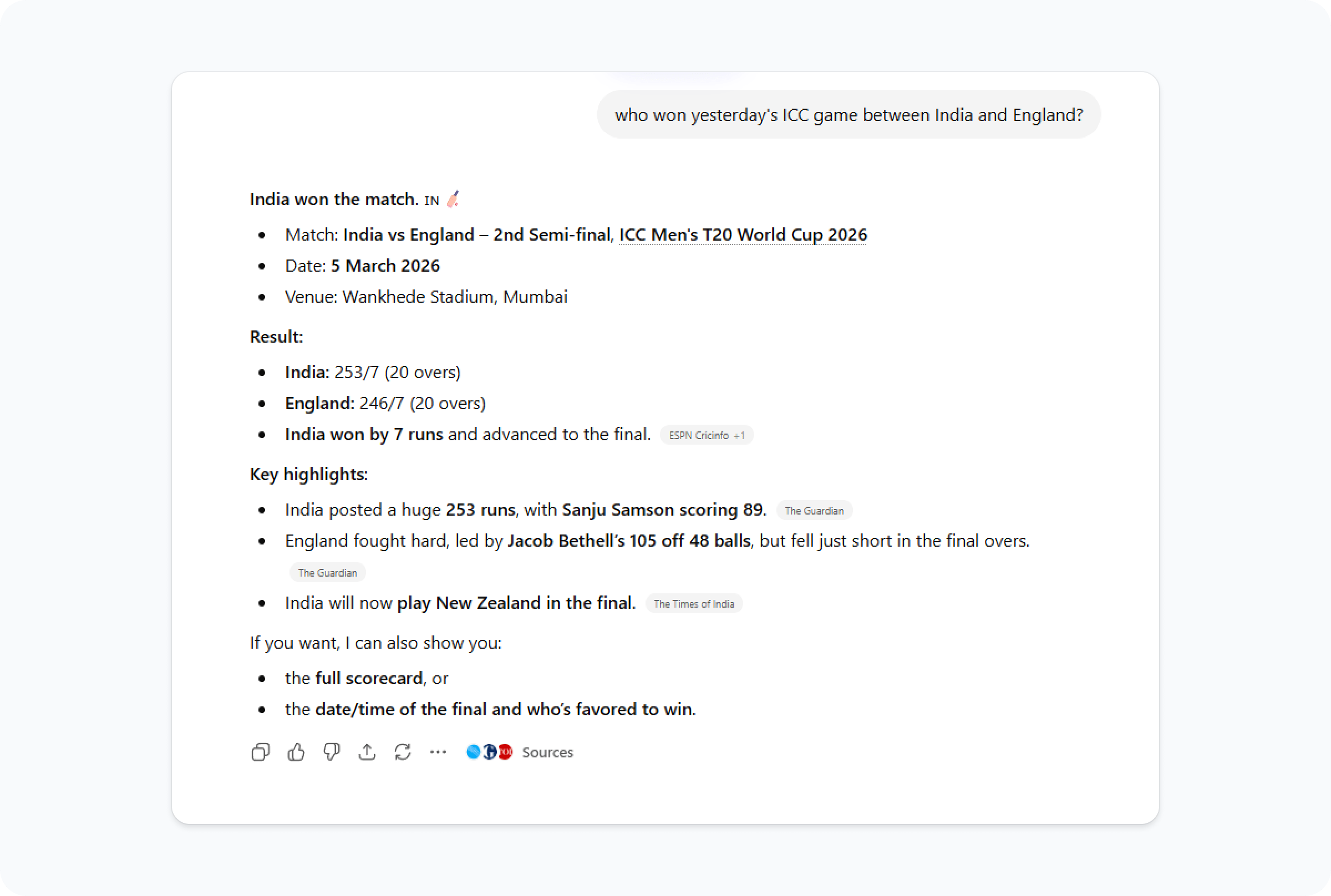  ChatGPT Free finds the winner of the ICC India - England match