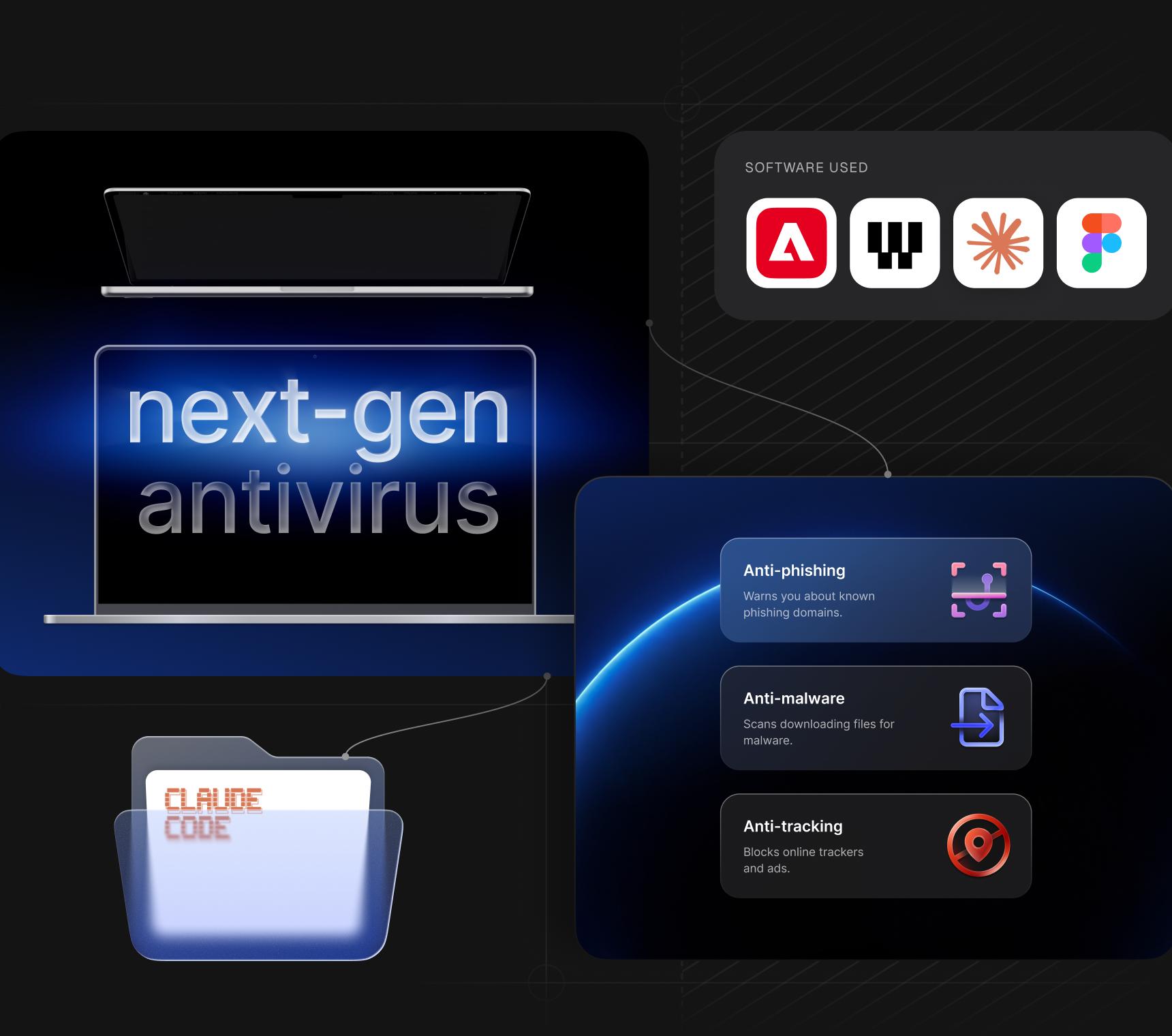 The laptop and three icons system applied across launch assets