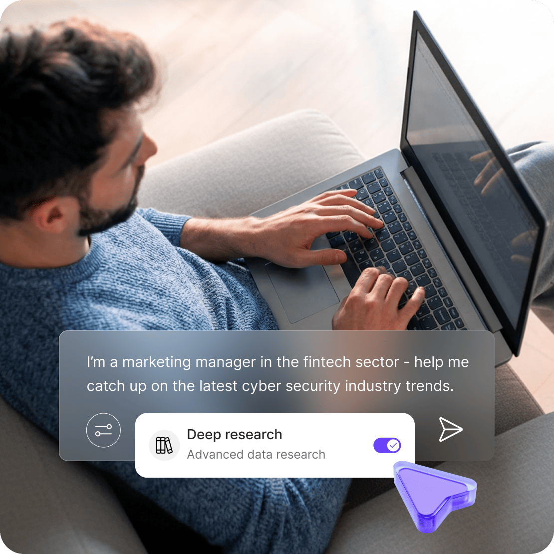 Person using nexos.ai Deep Research on a laptop
