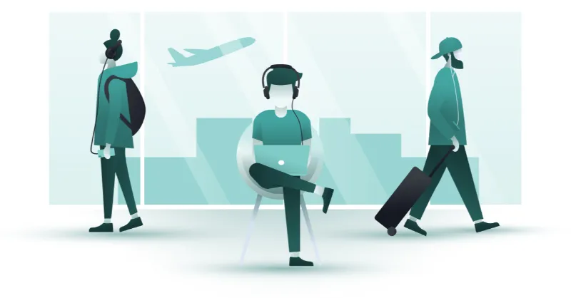 men listening to podcast in a busy place