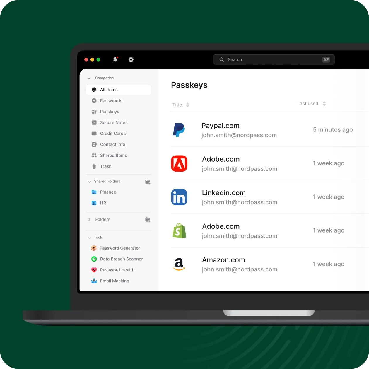 Password manager showing saved passkeys for various websites