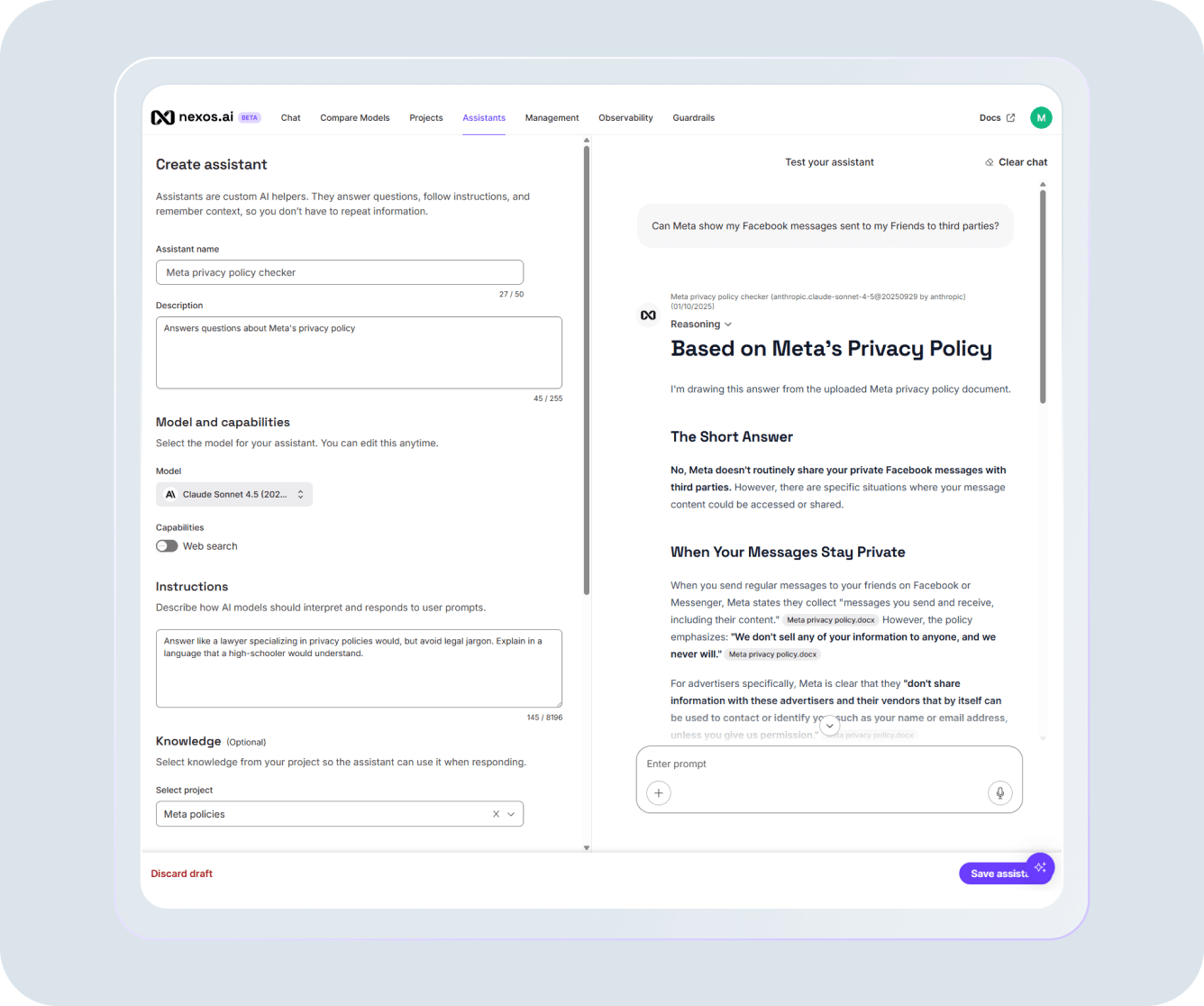 nexos.ai Assistant answers questions about Meta’s privacy policy