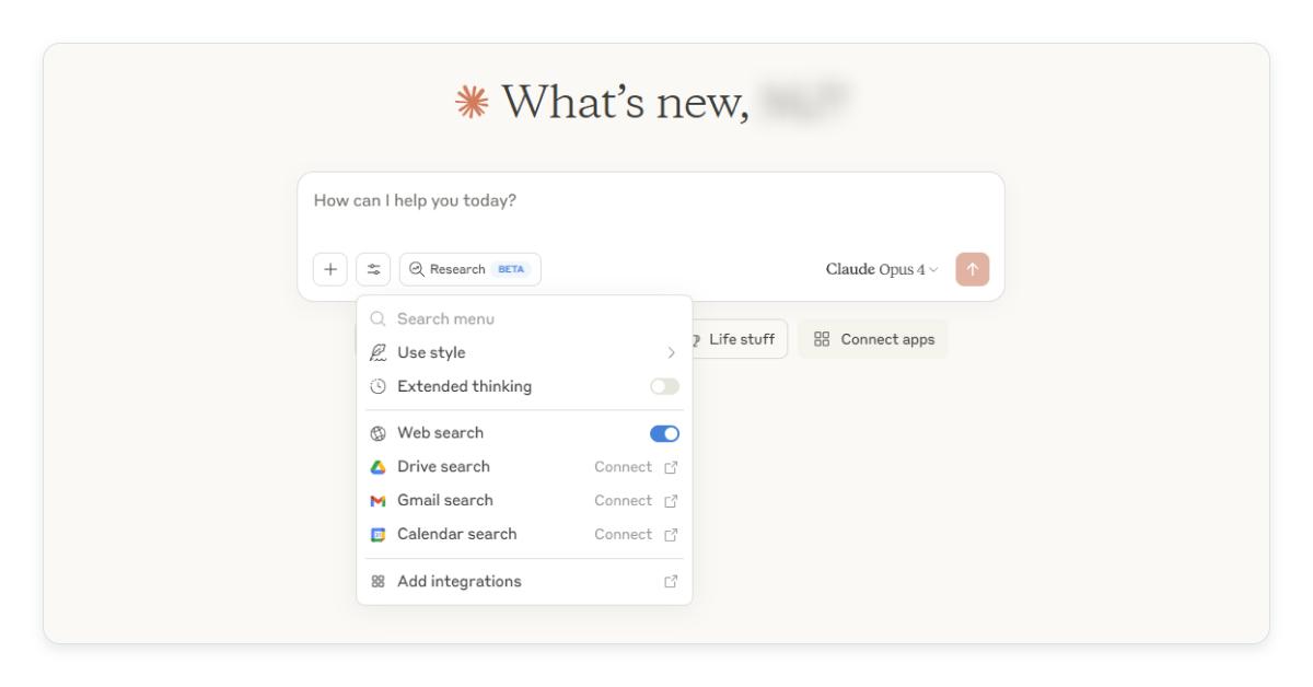 Claude tools drop-down menu