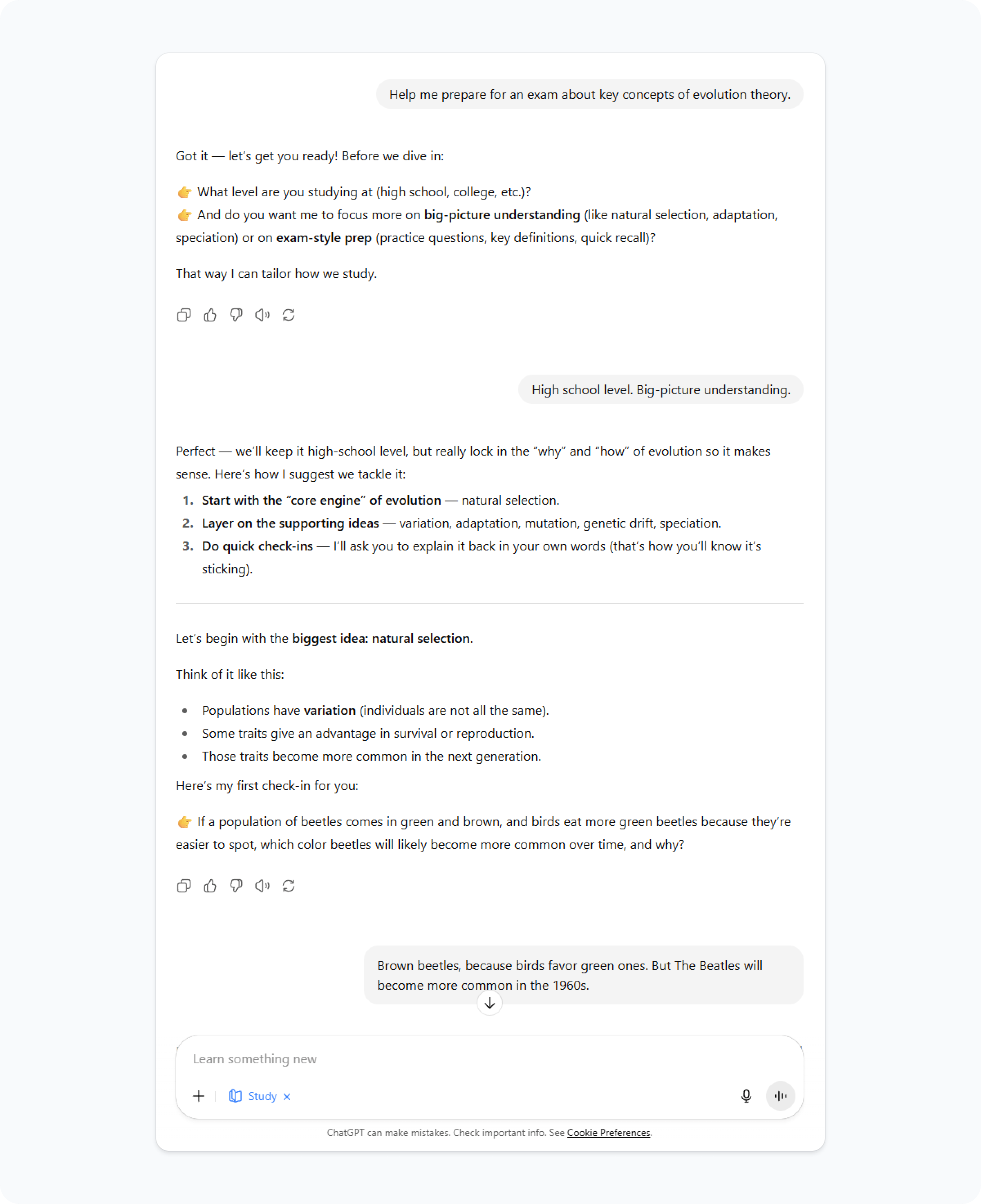 ChatGPT Study and learn mode helps with the high school evolution theory exam
