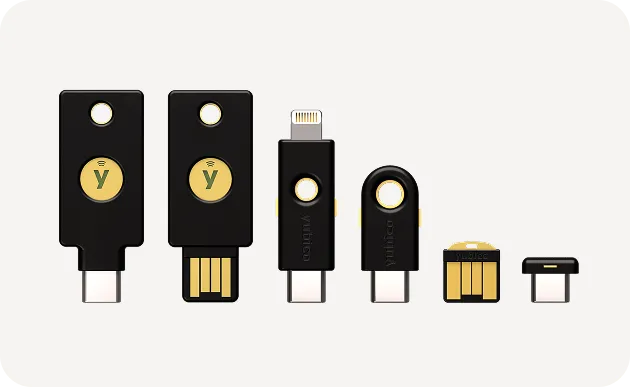 YubiKey security keys with USB-C, USB-A, and Lightning connectors