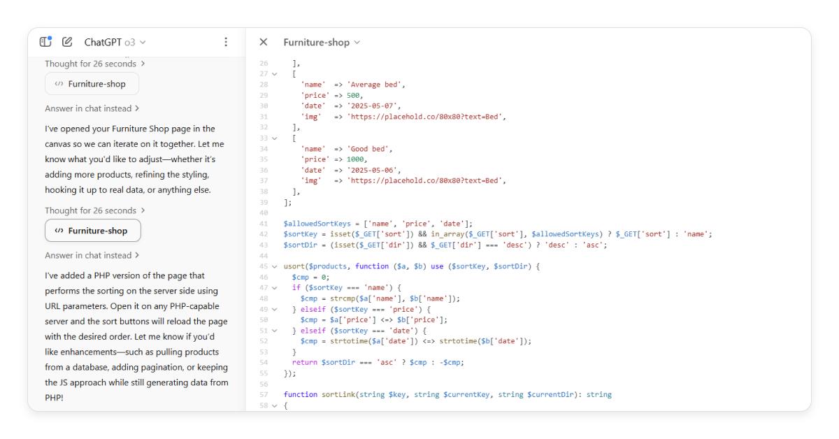 ChatGPT canvas for code before and after adding comments 1