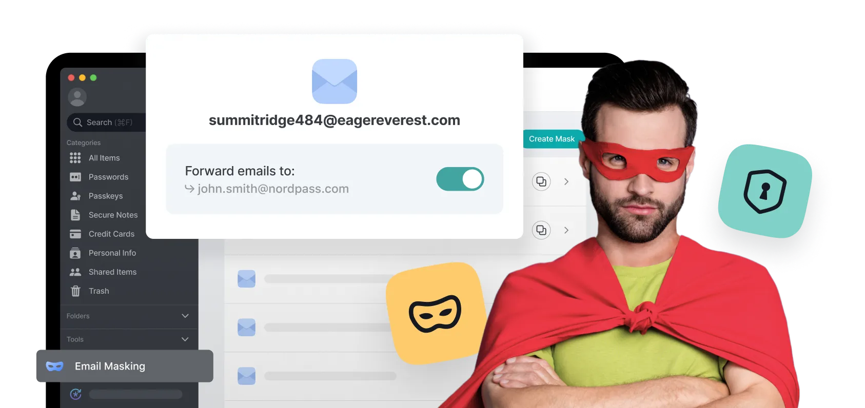 Email masking feature superhero in red cape