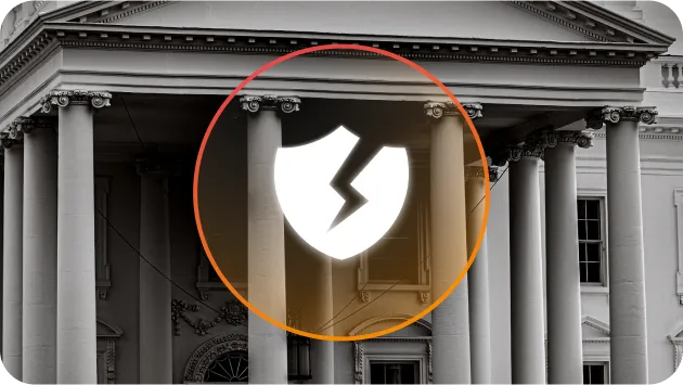A shield with a lightning bolt icon is overlaid on a grayscale building with columns.
