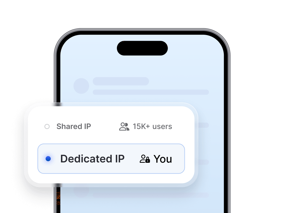 NordVPN illustration of a phone screen with a selector between Shared IP, labelled 15K+ users, and Dedicated IP, labelled You, with Dedicated IP selected