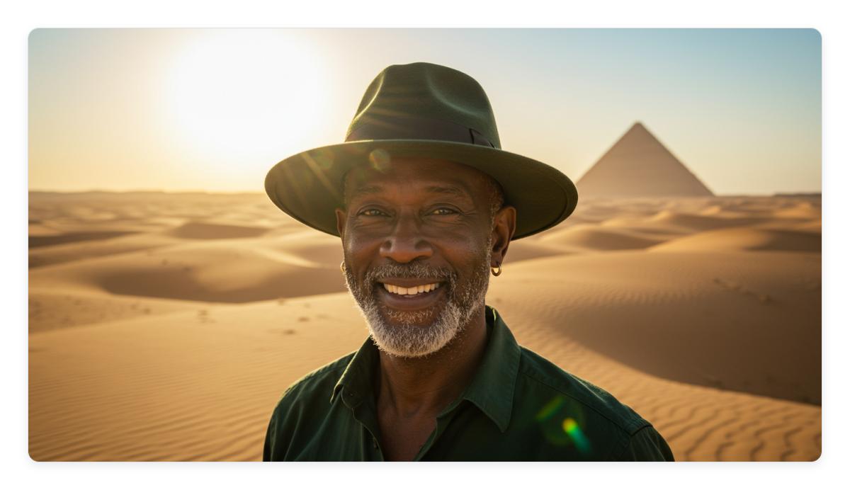 Image of a man in a desert generated by VisualElectric according to the Claude Opus 4 prompt