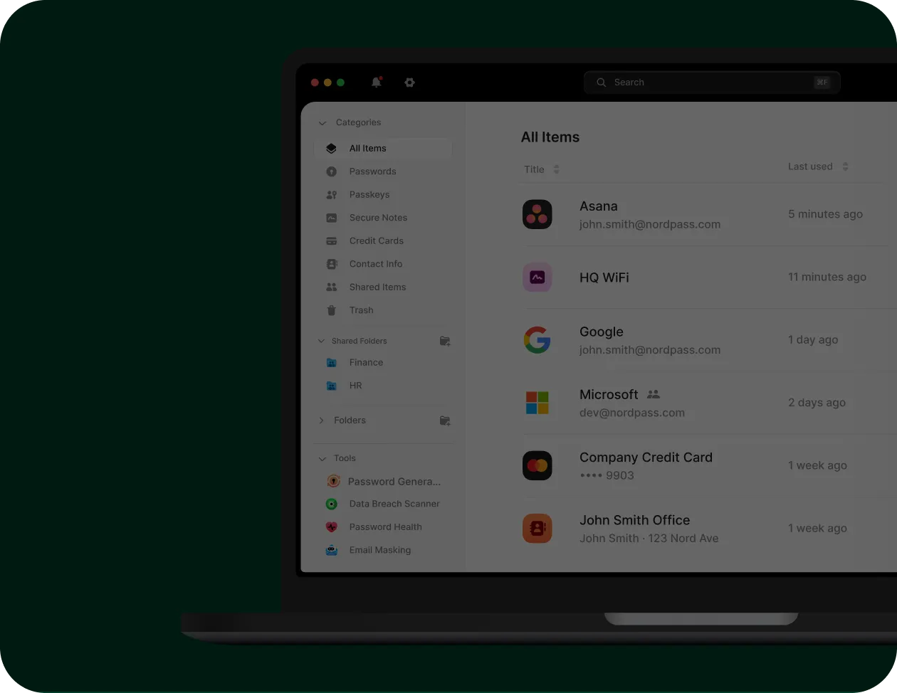 Interface de l’application affichant la liste des identifiants de connexion aux comptes partagés