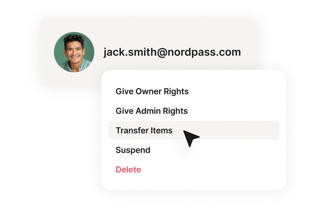 User profile card with dropdown menu showing account management options