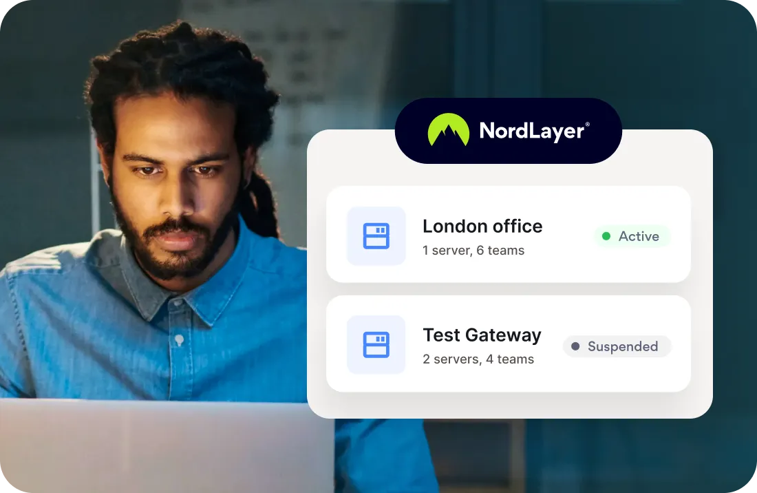 Man configuring NordLayer gateways: London active, Test Gateway suspended.