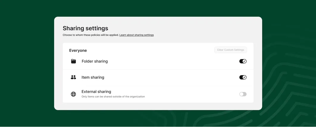 Sharing settings panel with folder, item, and external sharing toggles